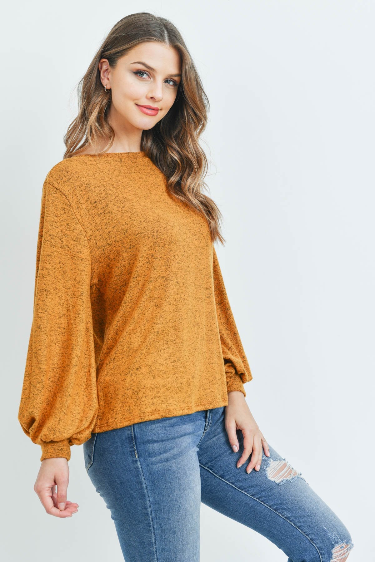 Puff Sleeved Boat Neck Two Toned Brushed Hacci Top