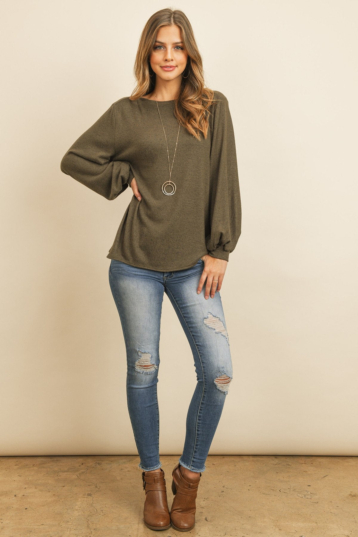 Puff Sleeved Boat Neck Two Toned Brushed Hacci Top