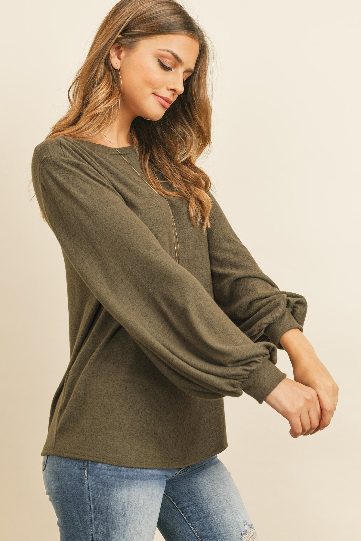 Puff Sleeved Boat Neck Two Toned Brushed Hacci Top