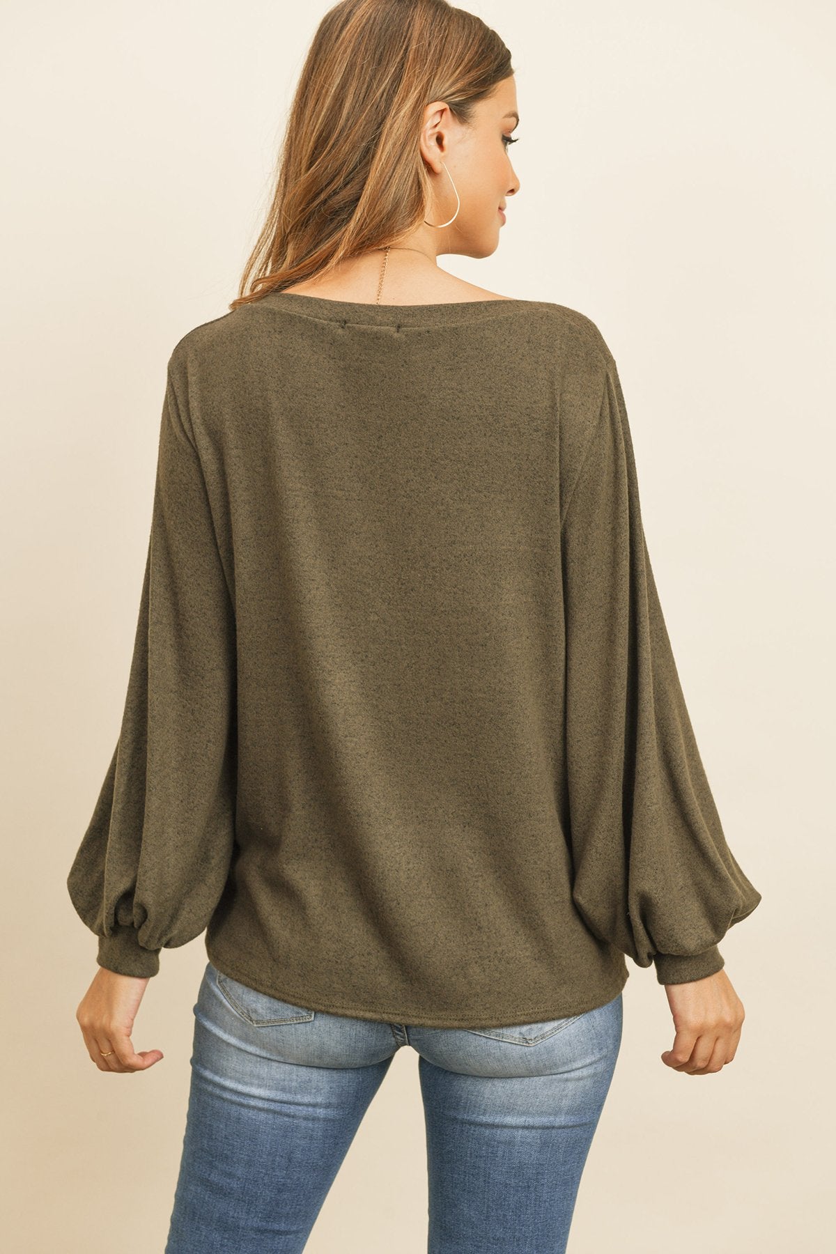 Puff Sleeved Boat Neck Two Toned Brushed Hacci Top