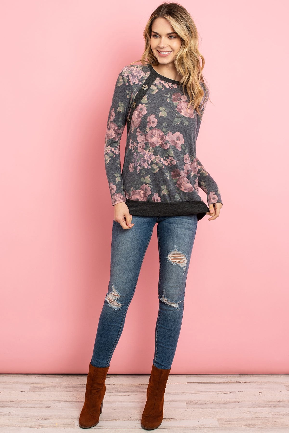 Flora Grace: Long Sleeve Floral Top with Button Detail