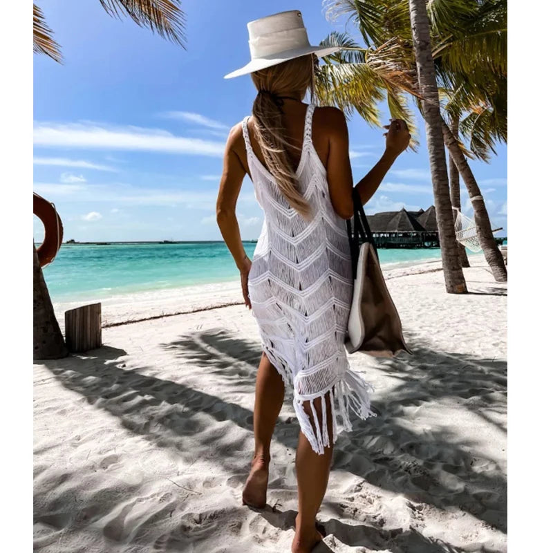 White Crochet Tunic Bikini Cover-Ups Sexy Hollow Out