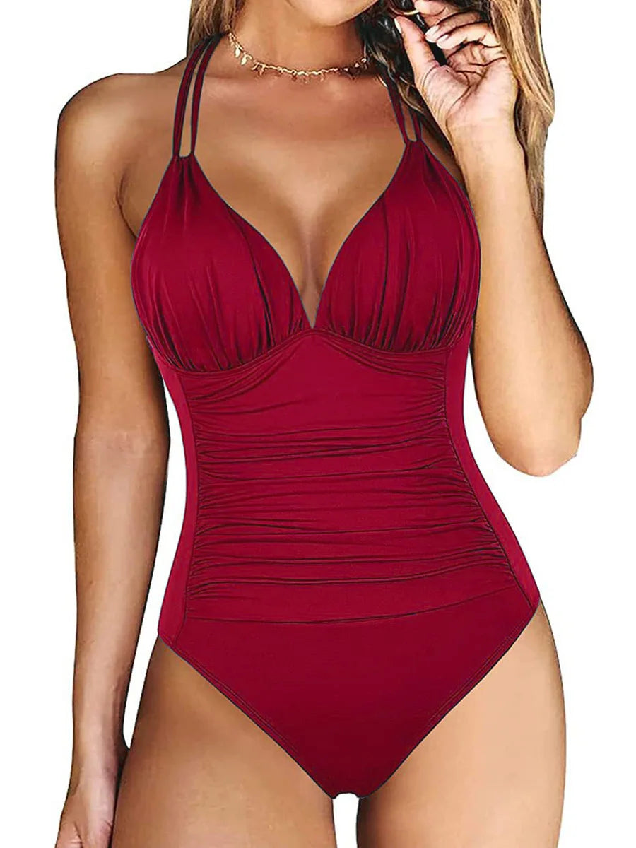 Ruched One Piece Swimsuit for Women - Backless Female Monokini Swimwear