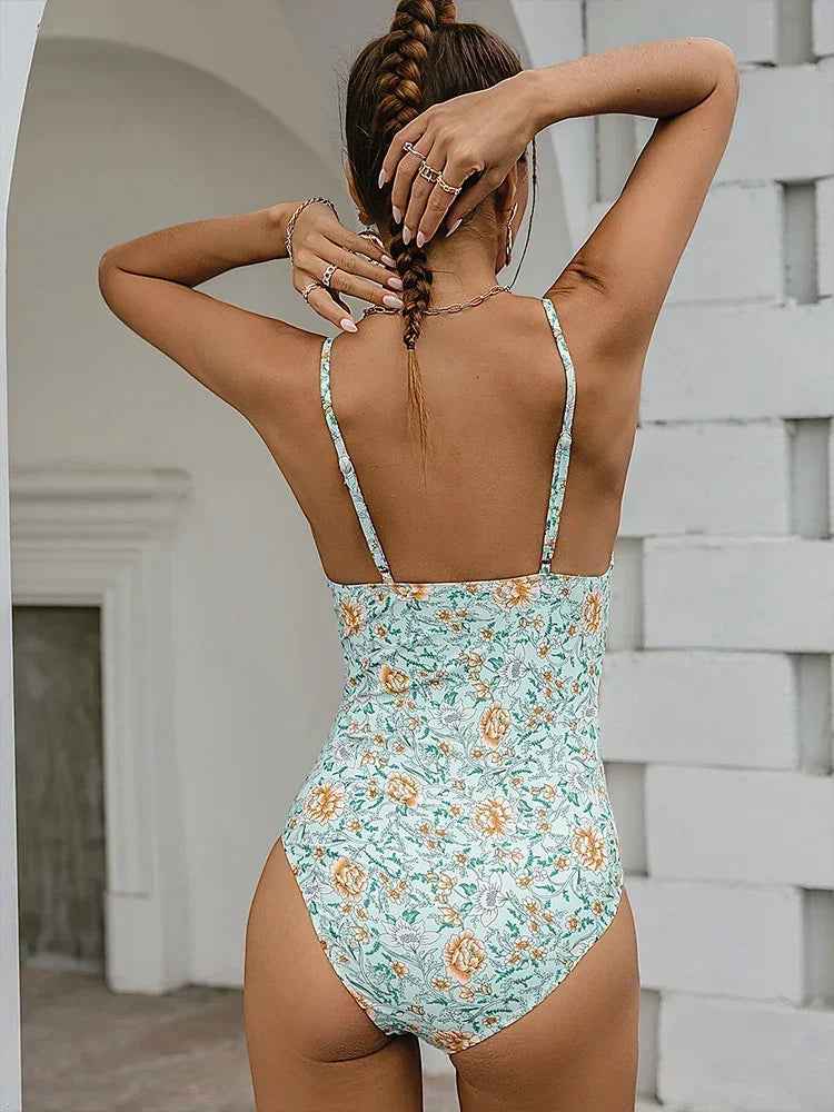 Vintage Print Swimsuit One Piece Tassel Bandage Monokini