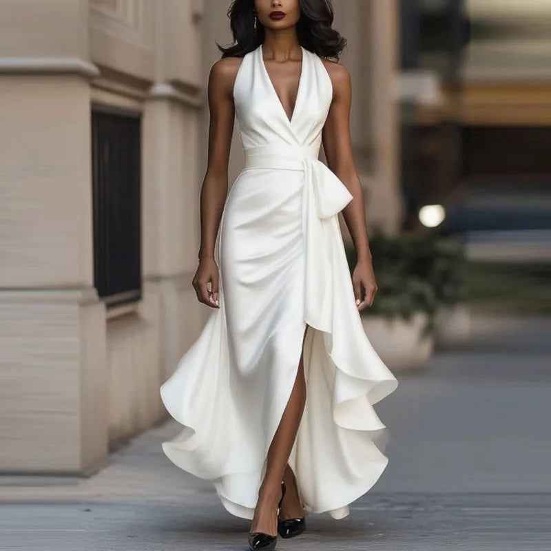 V-Neck Irregular Satin Evening Dress Slim Solid Color Pleat Dress