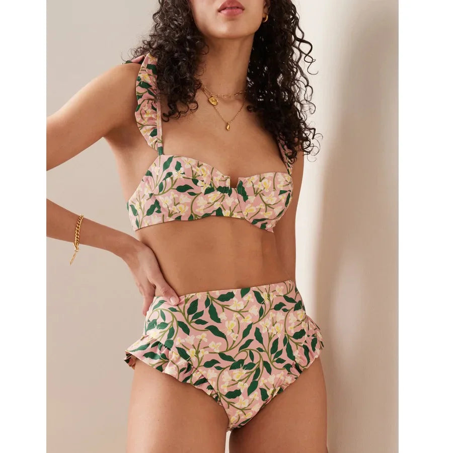 Floral Push-Up Padded Bra Ruffles Bandage Bikini Set Swimsuit Swimwear