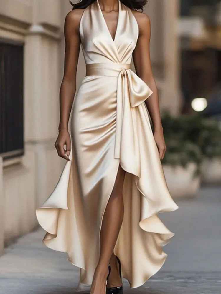 V-Neck Irregular Satin Evening Dress Slim Solid Color Pleat Dress