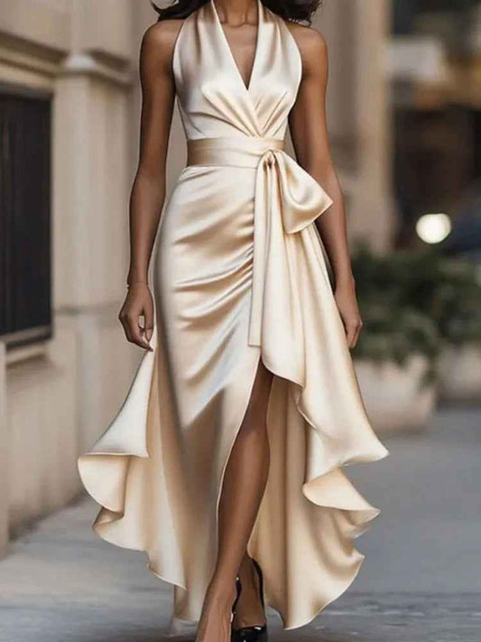 V-Neck Irregular Satin Evening Dress Slim Solid Color Pleat Dress