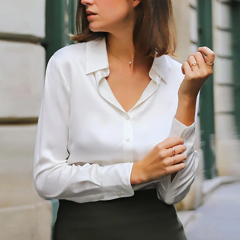 Elegant Long Sleeve Silk Satin Blouses Turn Down Collar