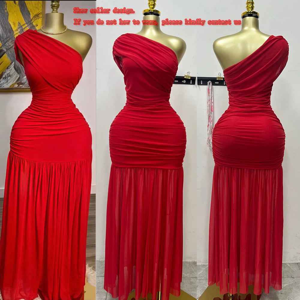 Maxi Dress  Elegant Skew Neck One Sleeve Off Shoulder Slit Long Dresses