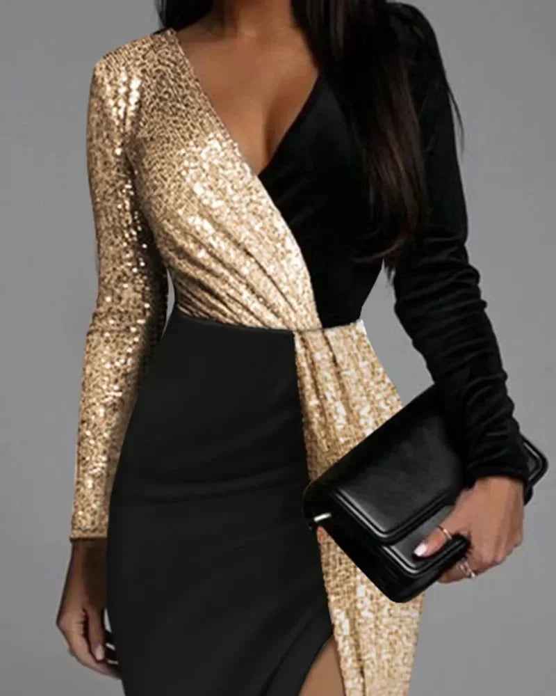 High Waist Black Gold Sequin Party Dress