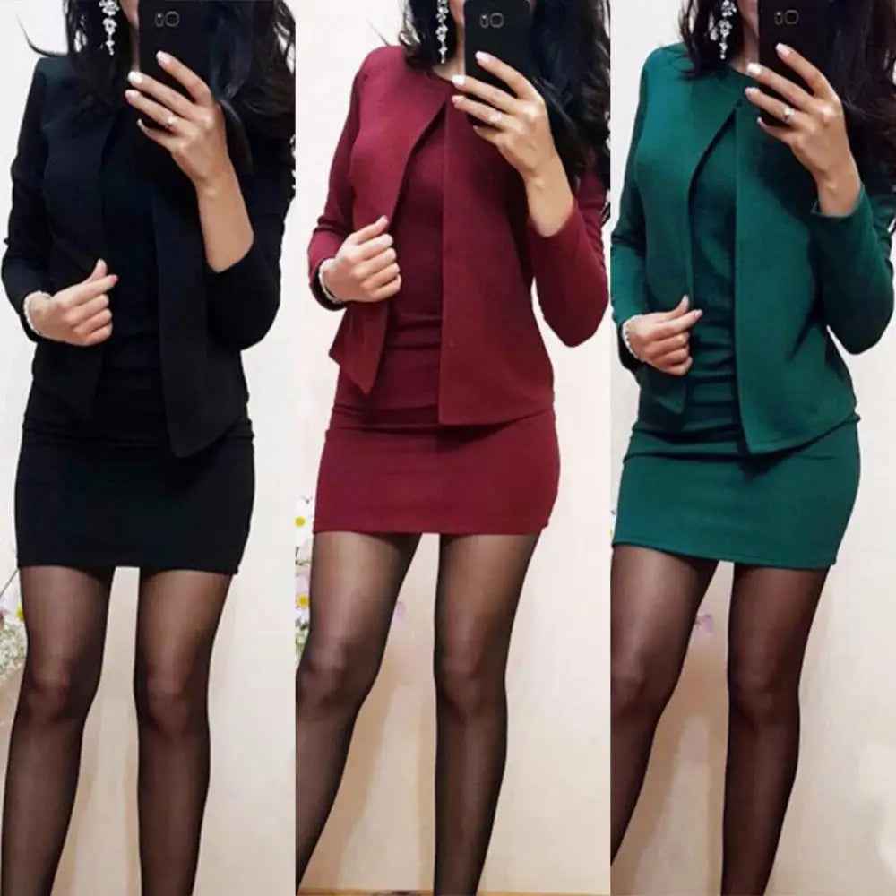 Solid Color Sleeveless Bodycon Dress O Neck 2Pcs/Set Office