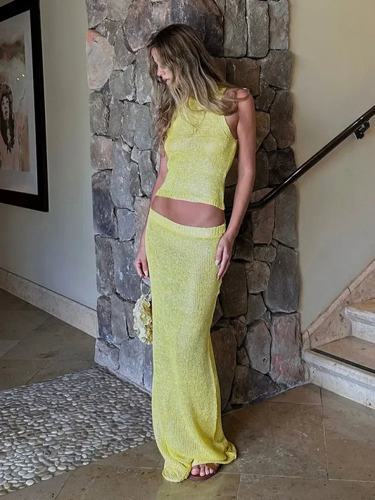 Conjunto de dos piezas de top y pareo de punto semitransparente para traje de baño
