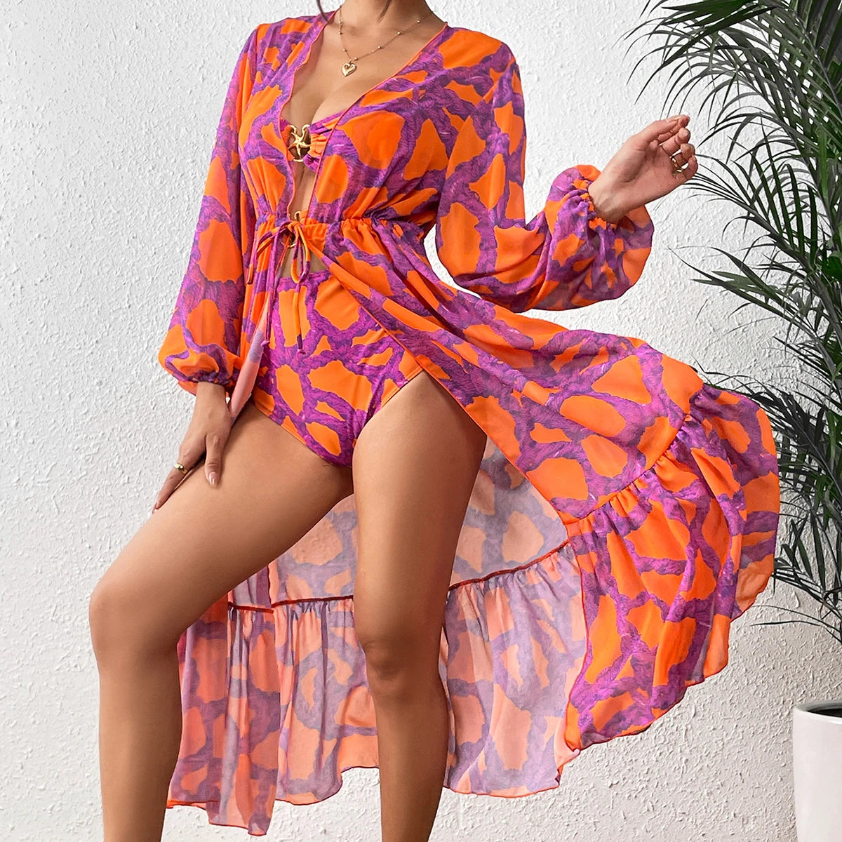 Printed Bikini Set with Wrap Skirt Sarong