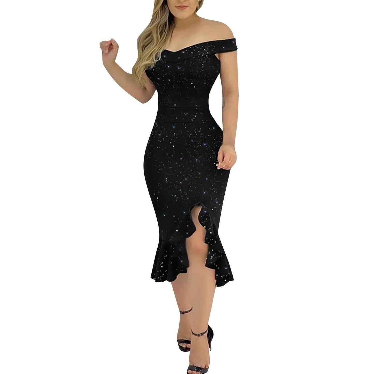 Off Shoulder Split Ruffle Solid Bodycon Knee-Length Dress