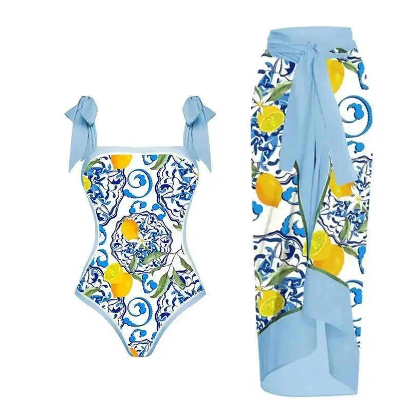 One Piece Swimsuit Bikini With Skirt Swimwear Summer Women Bowknot Cover Up