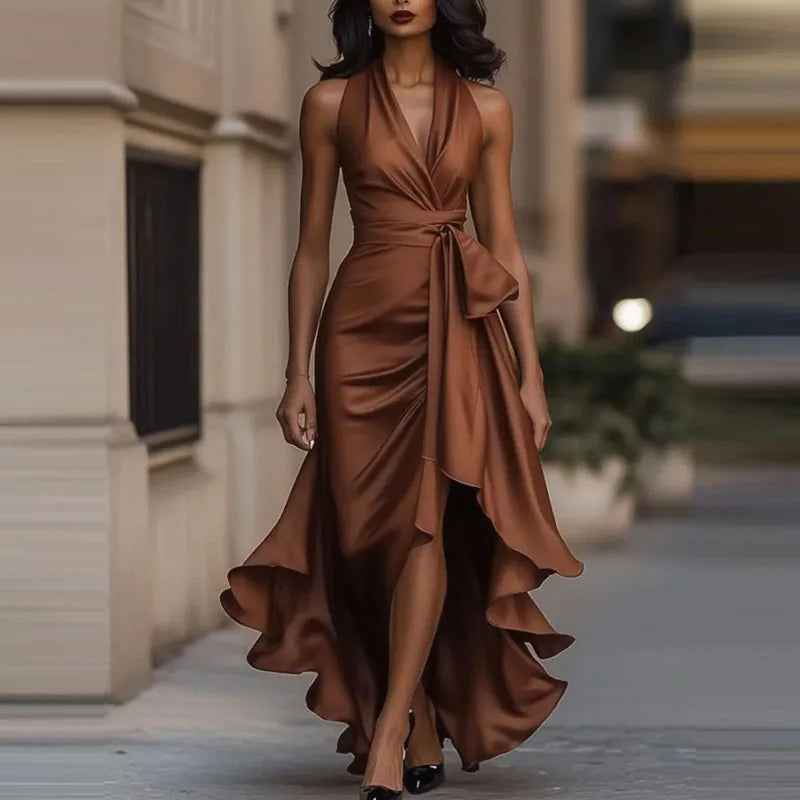 V-Neck Irregular Satin Evening Dress Slim Solid Color Pleat Dress