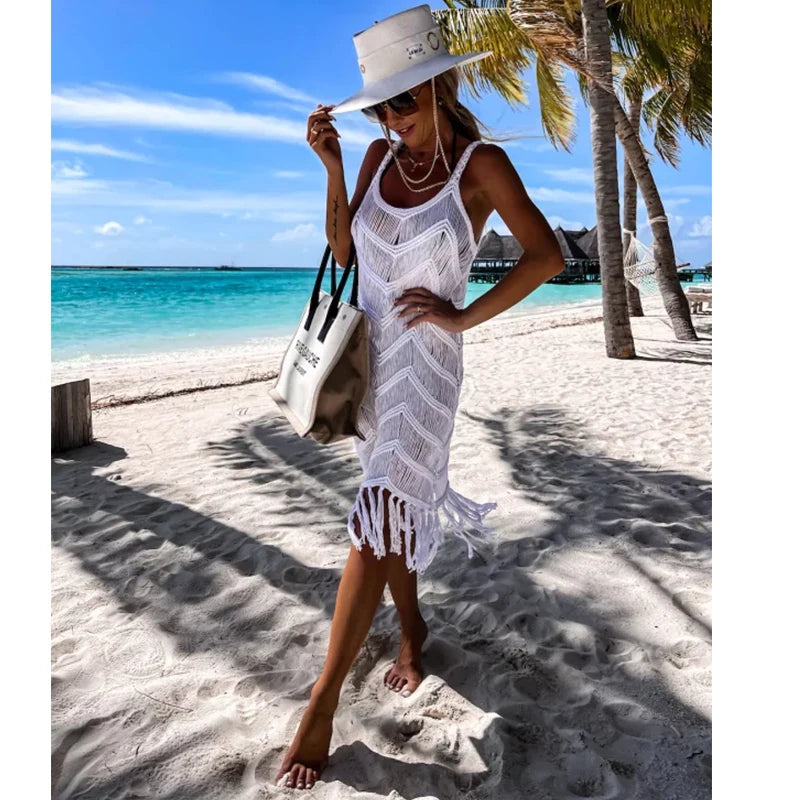 White Crochet Tunic Bikini Cover-Ups Sexy Hollow Out