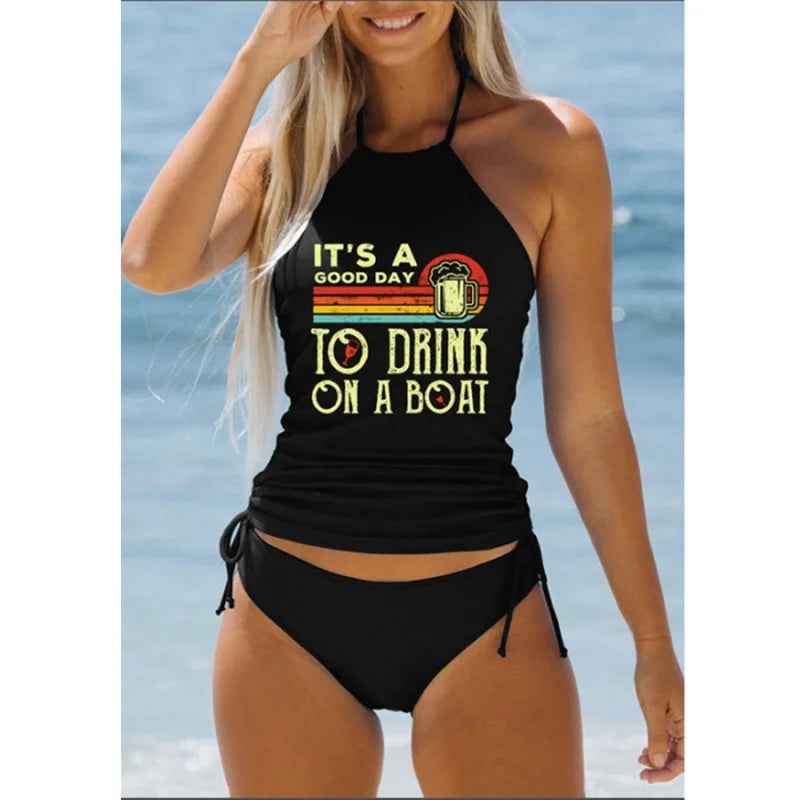 Tied Halter Drawstring Bikini Set