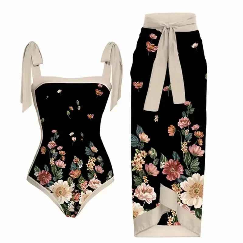 One Piece Swimsuit Bikini With Skirt Swimwear Summer Women Bowknot Cover Up