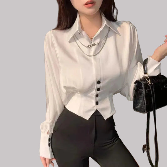 Turn-Down Collar Long-Sleeve Tunic Blouse | Sophisticata™