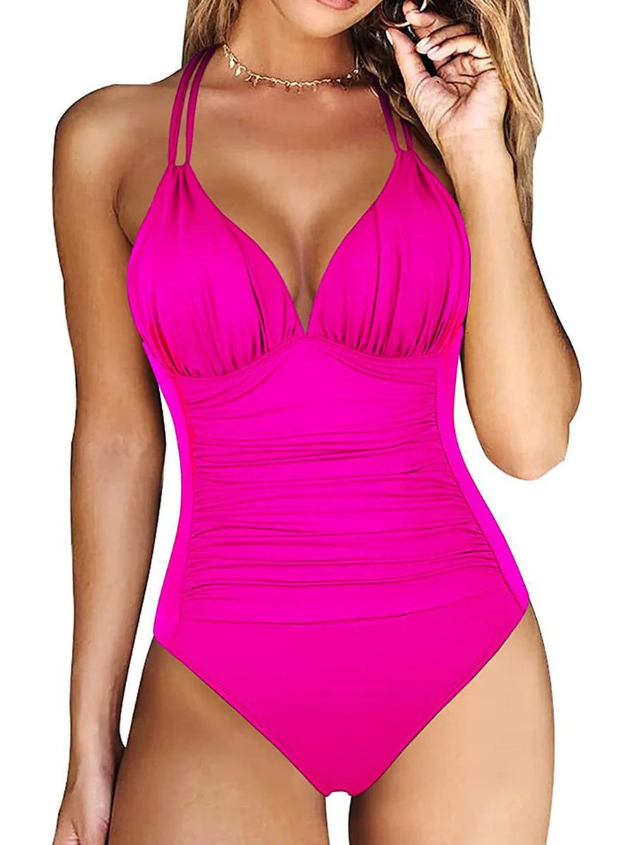 Ruched One Piece Swimsuit for Women - Backless Female Monokini Swimwear