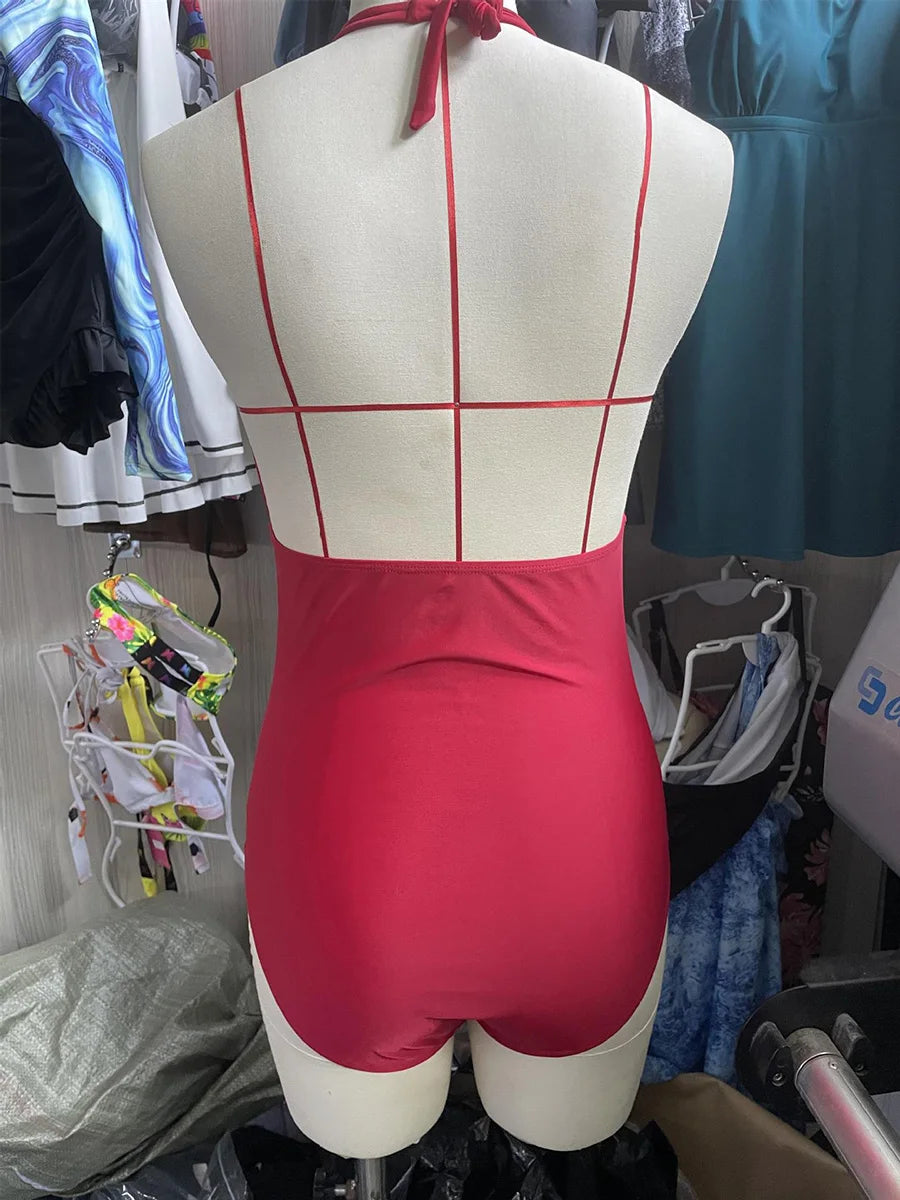 Ruched One Piece Swimsuit for Women - Backless Female Monokini Swimwear