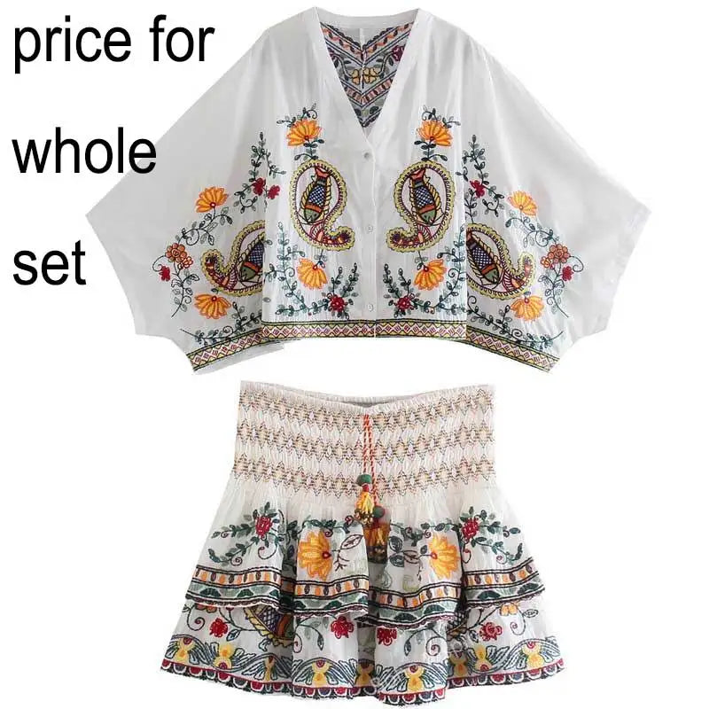Vestido Boho Inspiración Floral Bordado Escote V Manga Murciélago