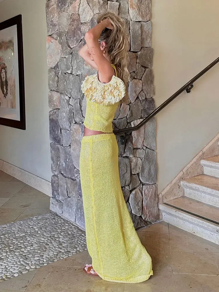 Conjunto de dos piezas de top y pareo de punto semitransparente para traje de baño