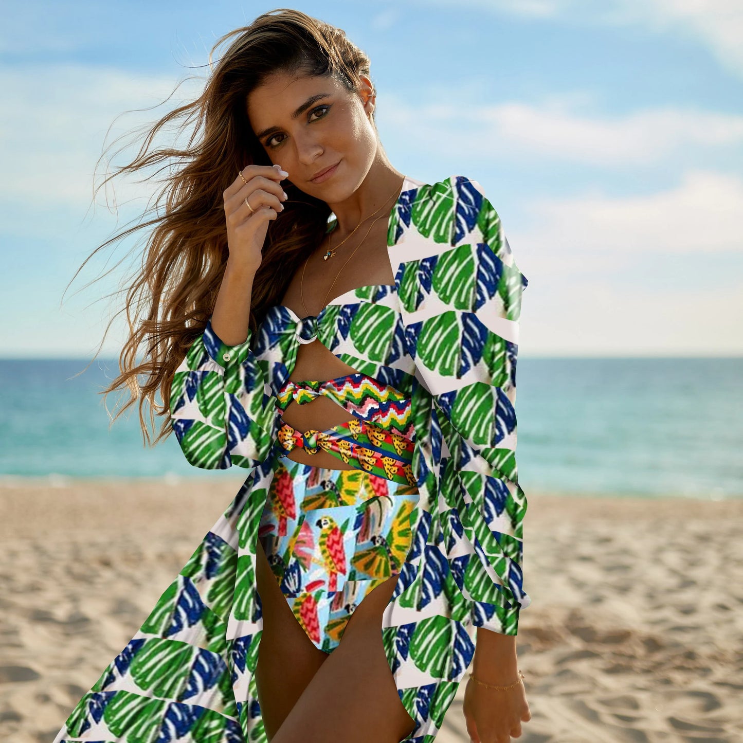 Printed Bikini Set with Wrap Skirt Sarong