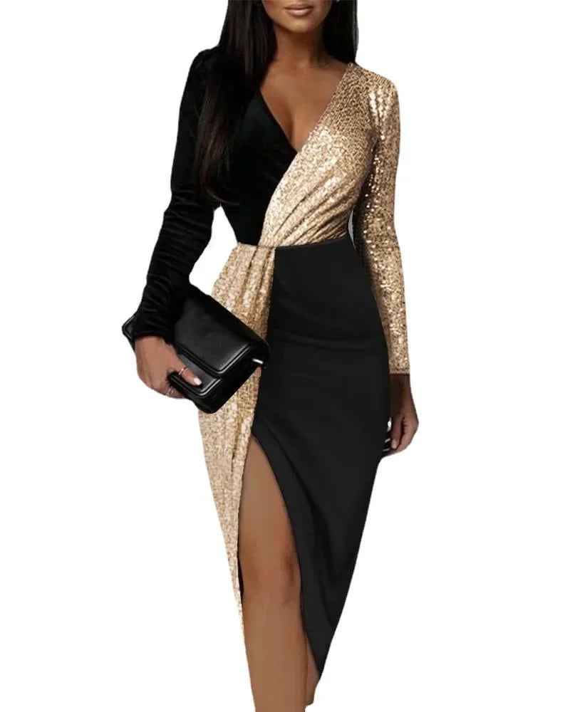 High Waist Black Gold Sequin Party Dress