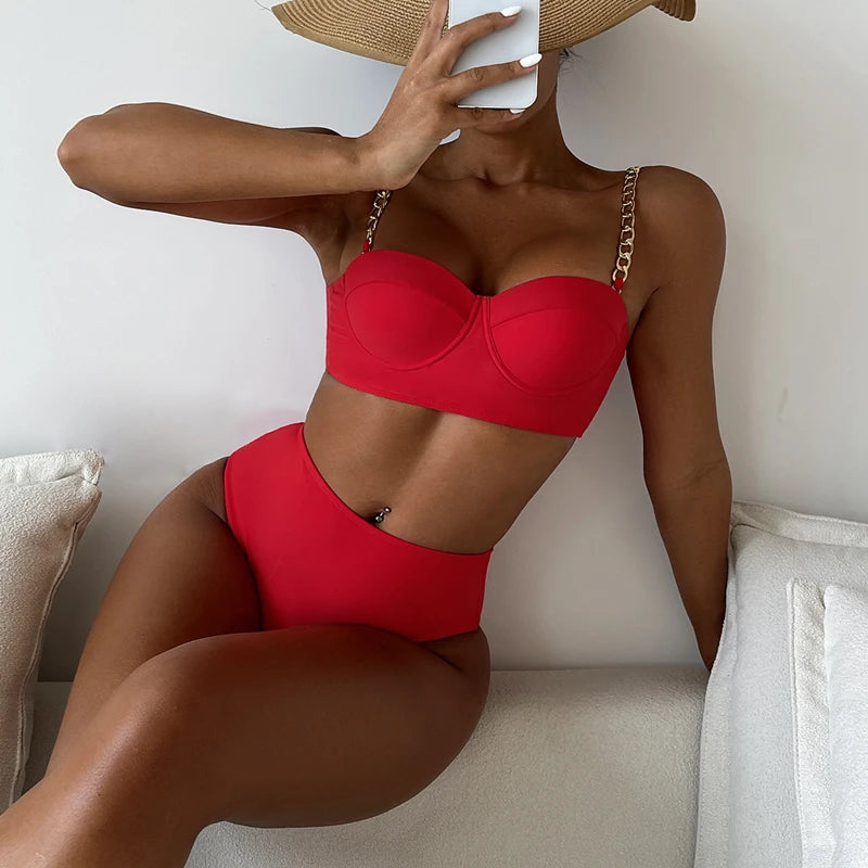High-Waist Chain Strap Bikini Set