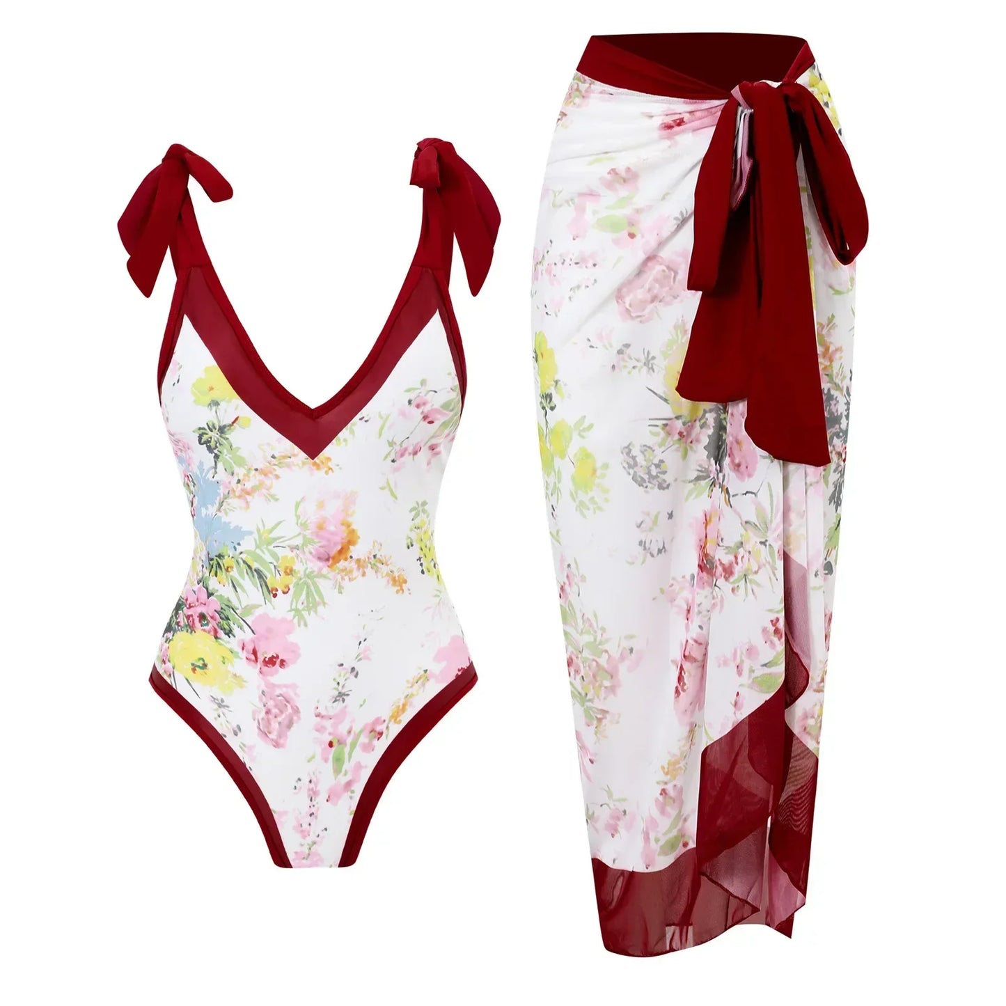 One Piece Swimsuit Bikini With Skirt Swimwear Summer Women Bowknot Cover Up