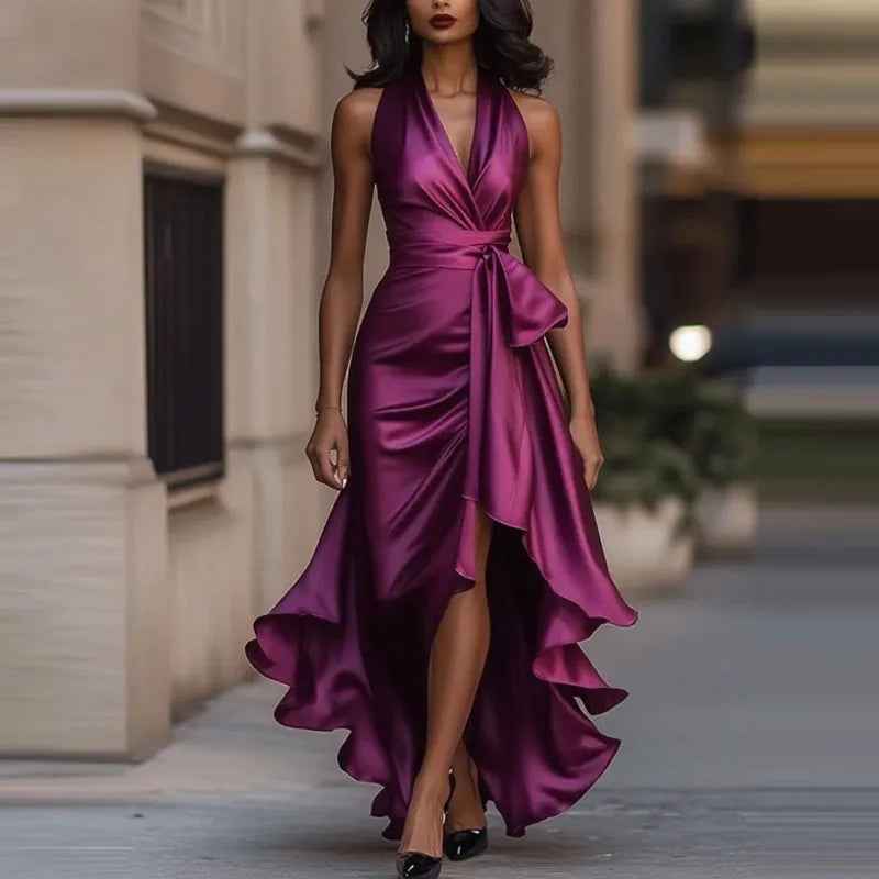 V-Neck Irregular Satin Evening Dress Slim Solid Color Pleat Dress
