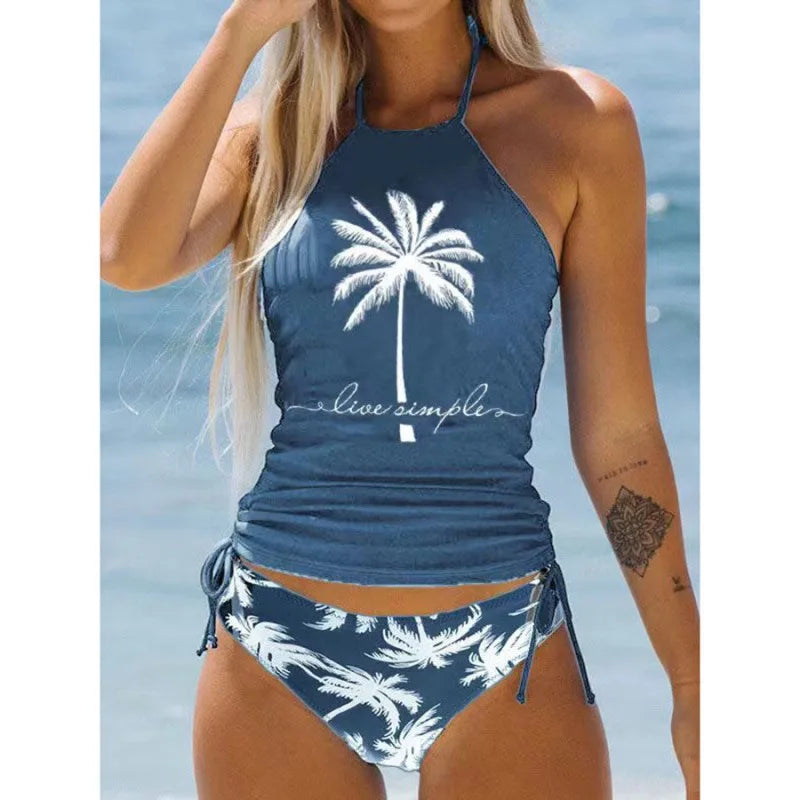 Tied Halter Drawstring Bikini Set