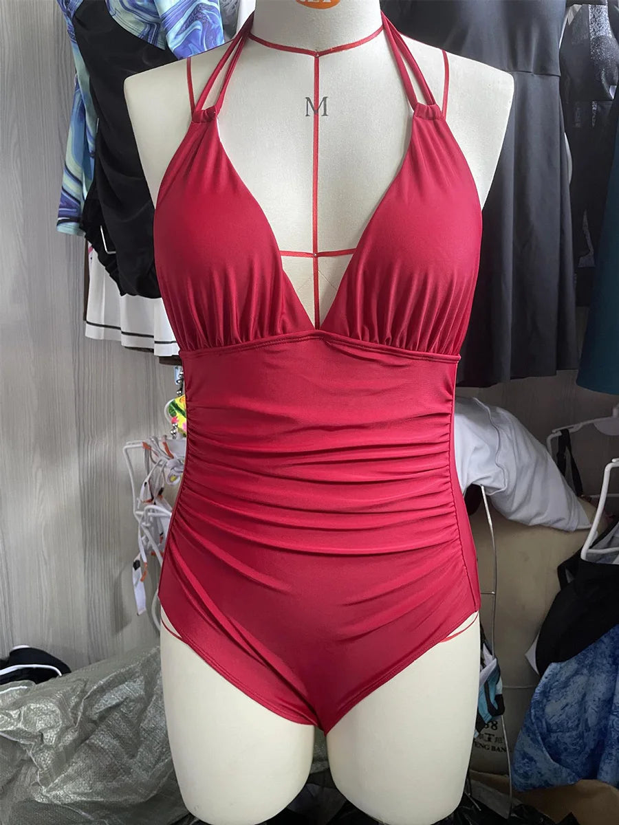 Ruched One Piece Swimsuit for Women - Backless Female Monokini Swimwear