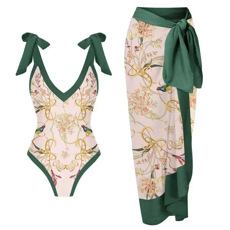 One Piece Swimsuit Bikini With Skirt Swimwear Summer Women Bowknot Cover Up