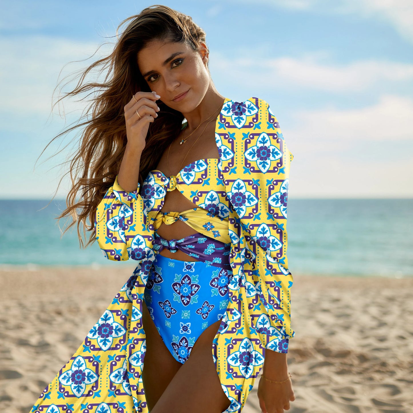 Printed Bikini Set with Wrap Skirt Sarong