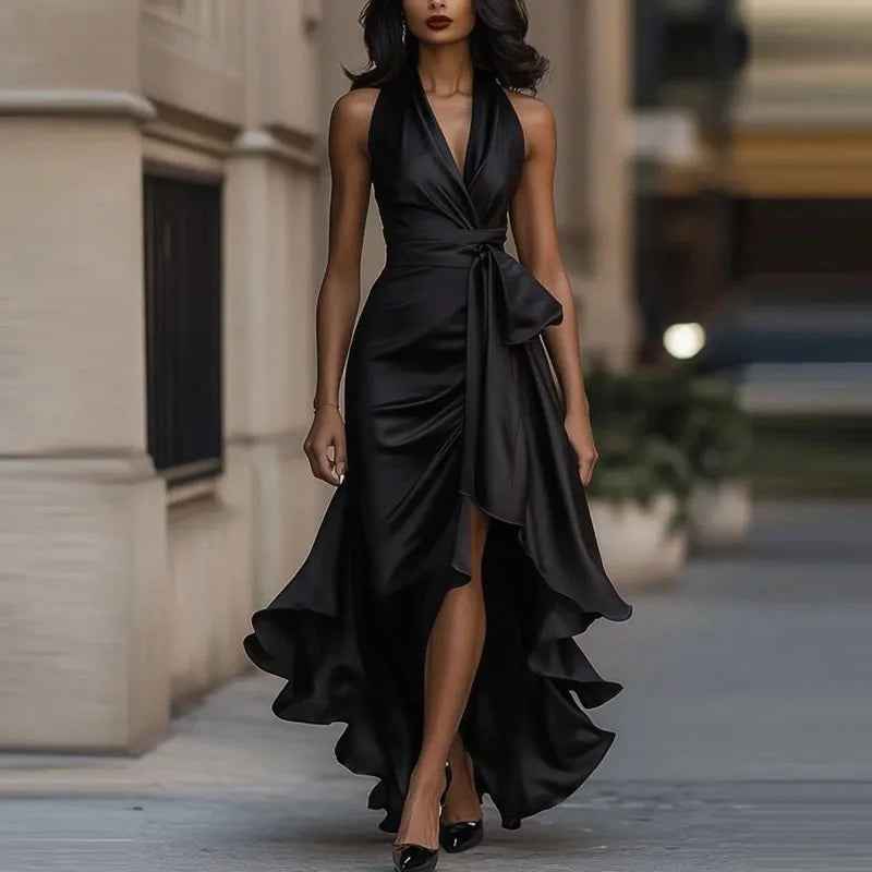 V-Neck Irregular Satin Evening Dress Slim Solid Color Pleat Dress