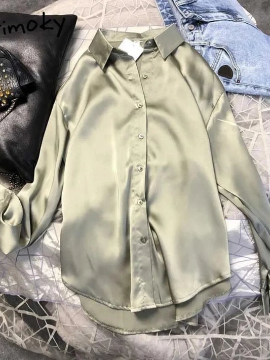 Silk-Finish Long-Sleeve Button-Up Office Blouse | Sophisticata™