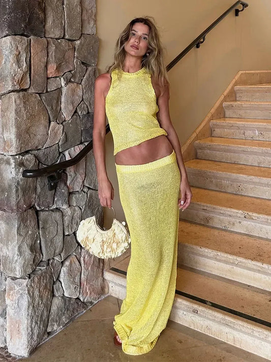 Conjunto de dos piezas de top y pareo de punto semitransparente para traje de baño