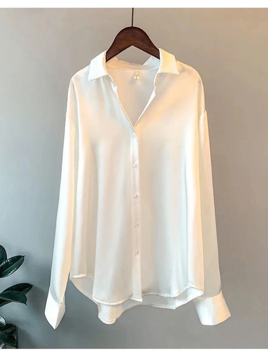 Silk-Finish Long-Sleeve Button-Up Office Blouse | Sophisticata™