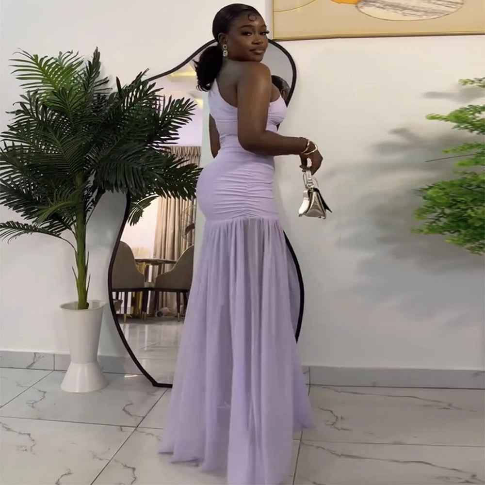 Maxi Dress  Elegant Skew Neck One Sleeve Off Shoulder Slit Long Dresses