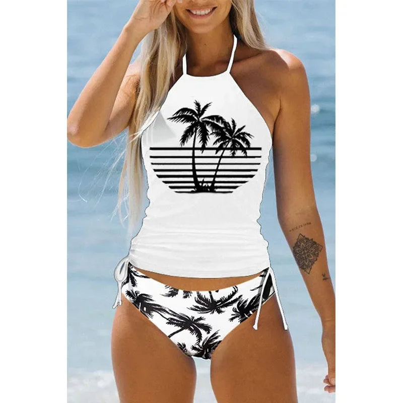Coconut Print Halter Tankini Set