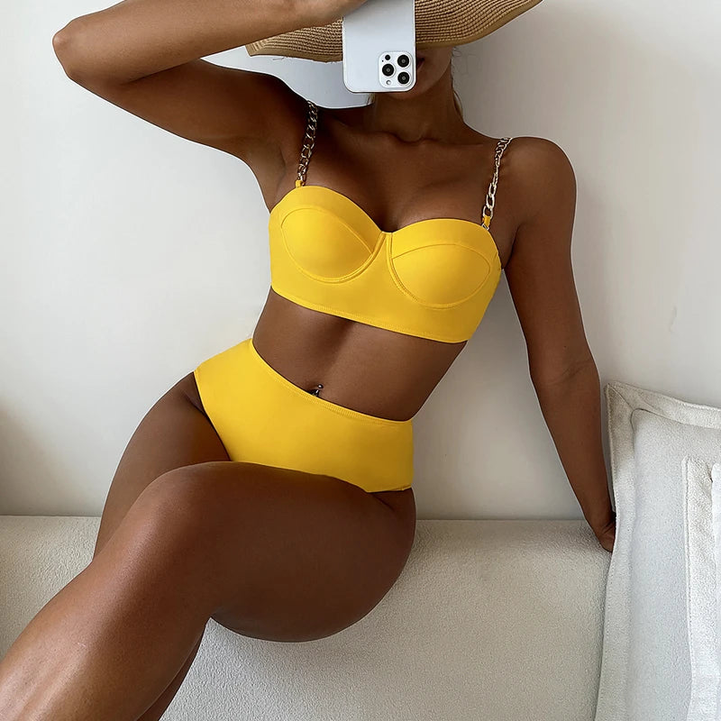 High-Waist Chain Strap Bikini Set