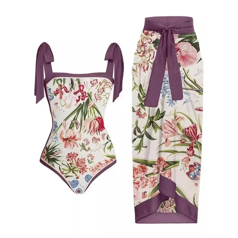 One Piece Swimsuit Bikini With Skirt Swimwear Summer Women Bowknot Cover Up