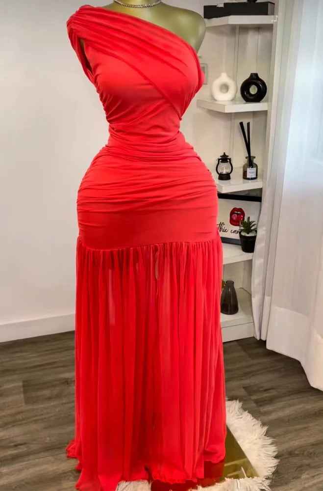 Maxi Dress  Elegant Skew Neck One Sleeve Off Shoulder Slit Long Dresses