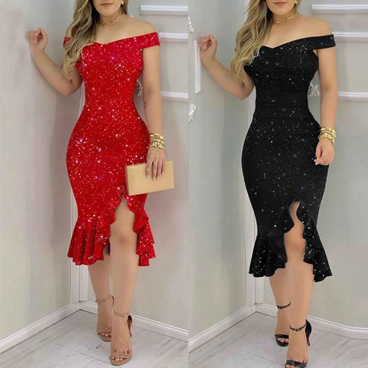 Off Shoulder Split Ruffle Solid Bodycon Knee-Length Dress