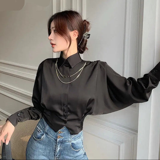 Turn-Down Collar Long-Sleeve Tunic Blouse | Sophisticata™