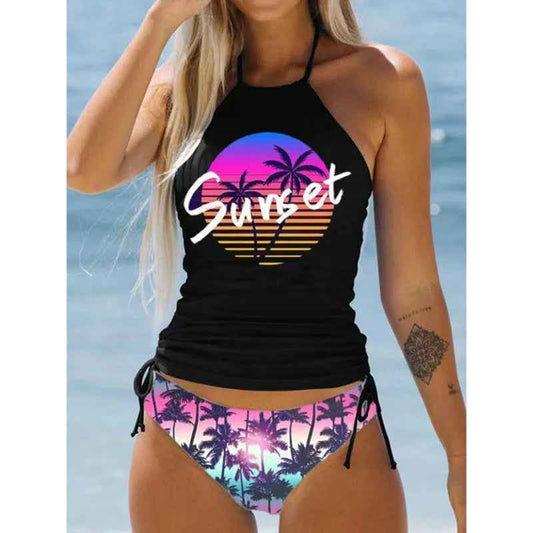 Tied Halter Drawstring Bikini Set